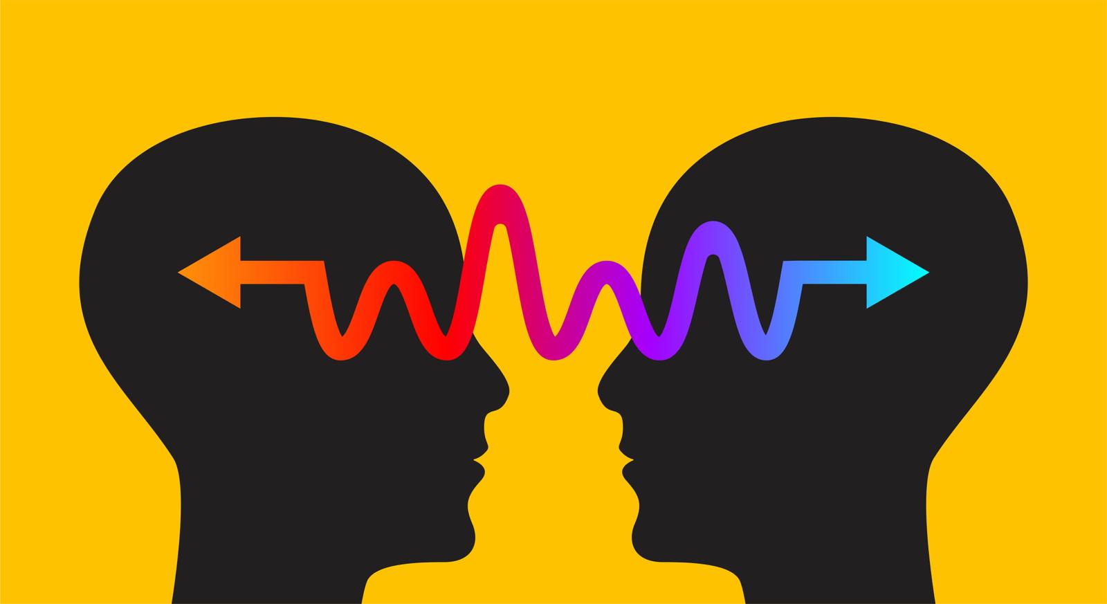 two-headed squiggly arrow penetrating two human profiles looking at each other, with red on the left and blue on the right