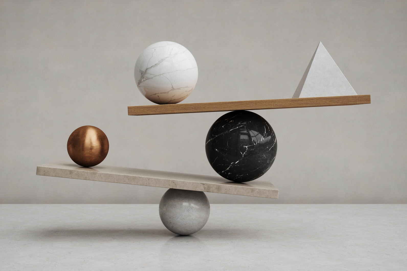 Abstract arrangement of geometric shapes, including spheres, a pyramid, and balancing wooden and stone slabs