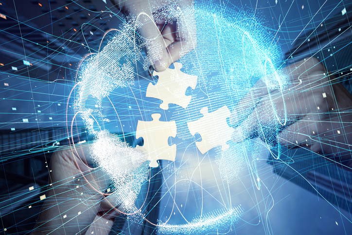 Pieces of jigsaw puzzle and global network
